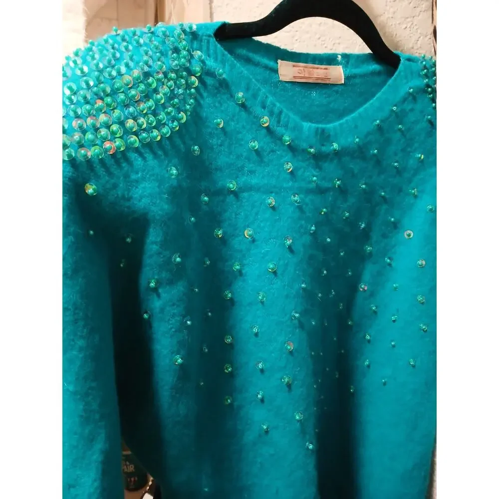1980s Beaded Sequin CASHMERE Sweater Sz Small‎ Aqua Green Round Neck Barbiecore